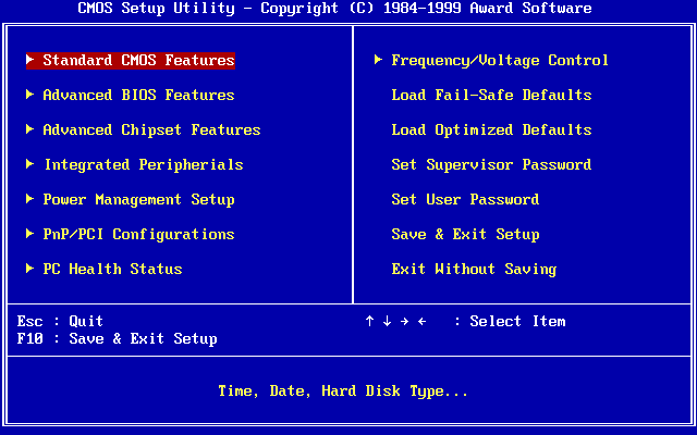 A classic blue BIOS / CMOS setup utility menu screen