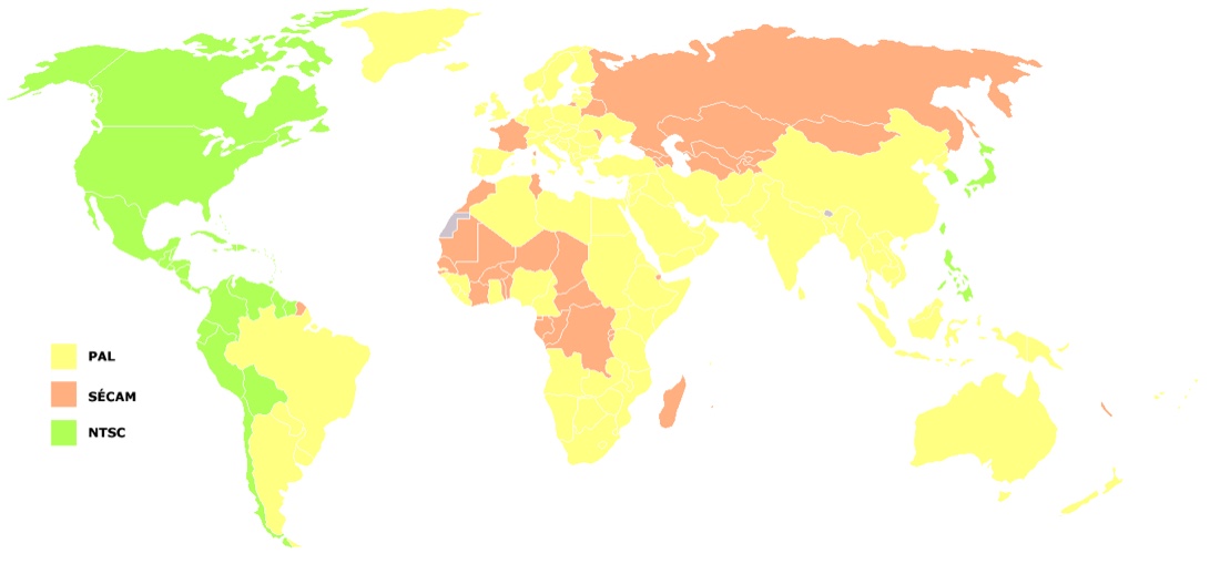 World map of analog TV systems with a legend — NTSC, PAL and SECAM regions