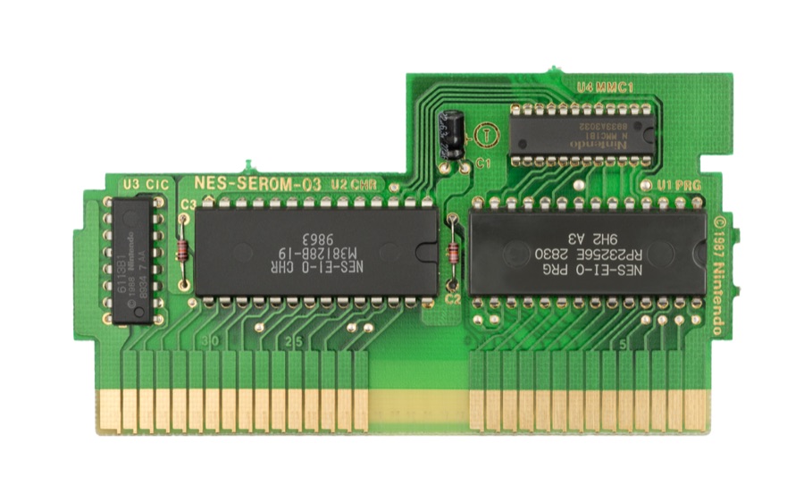 An NES cartridge circuit board exposing its ROM chips